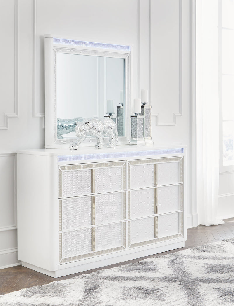 Chalanna California King Upholstered Storage Bed with Mirrored Dresser, Chest and Nightstand in White from Ashley - Lara Furniture