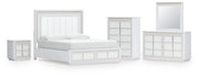 Chalanna California King Upholstered Storage Bed with Mirrored Dresser, Chest and Nightstand in White from Ashley - Lara Furniture