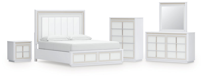 Chalanna California King Upholstered Storage Bed with Mirrored Dresser, Chest and Nightstand in White from Ashley - Lara Furniture