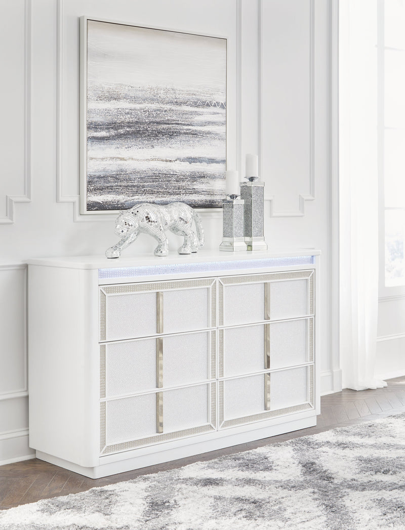 Chalanna King Upholstered Storage Bed with Dresser and Nightstand in White from Ashley - Lara Furniture