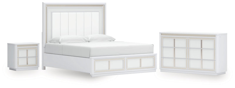Chalanna King Upholstered Storage Bed with Dresser and Nightstand in White from Ashley - Lara Furniture