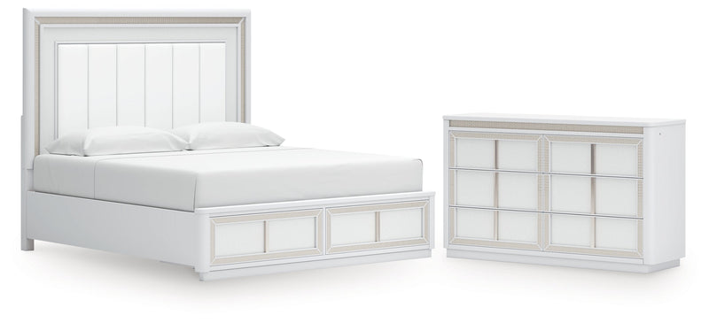 Chalanna King Upholstered Storage Bed with Dresser in White from Ashley - Lara Furniture