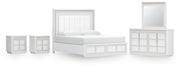 Chalanna King Upholstered Storage Bed with Mirrored Dresser and 2 Nightstands in White from Ashley - Lara Furniture