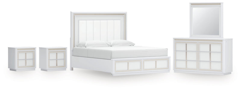 Chalanna King Upholstered Storage Bed with Mirrored Dresser and 2 Nightstands in White from Ashley - Lara Furniture