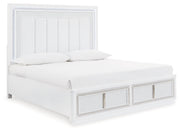 Chalanna King Upholstered Storage Bed with Mirrored Dresser and Chest in White from Ashley - Lara Furniture