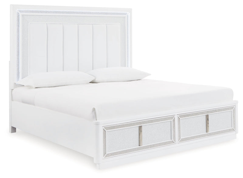 Chalanna King Upholstered Storage Bed with Mirrored Dresser and Chest in White from Ashley - Lara Furniture