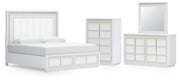 Chalanna King Upholstered Storage Bed with Mirrored Dresser and Chest in White from Ashley - Lara Furniture