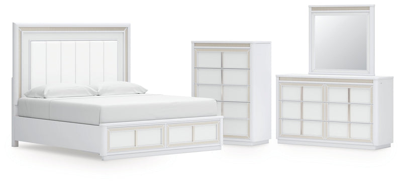Chalanna King Upholstered Storage Bed with Mirrored Dresser and Chest in White from Ashley - Lara Furniture
