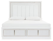 Chalanna King Upholstered Storage Bed with Mirrored Dresser and Chest in White from Ashley - Lara Furniture
