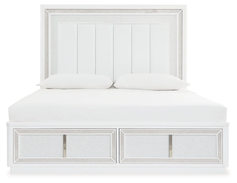 Chalanna King Upholstered Storage Bed with Mirrored Dresser and Chest in White from Ashley - Lara Furniture