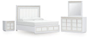 Chalanna King Upholstered Storage Bed with Mirrored Dresser and Nightstand in White from Ashley - Lara Furniture
