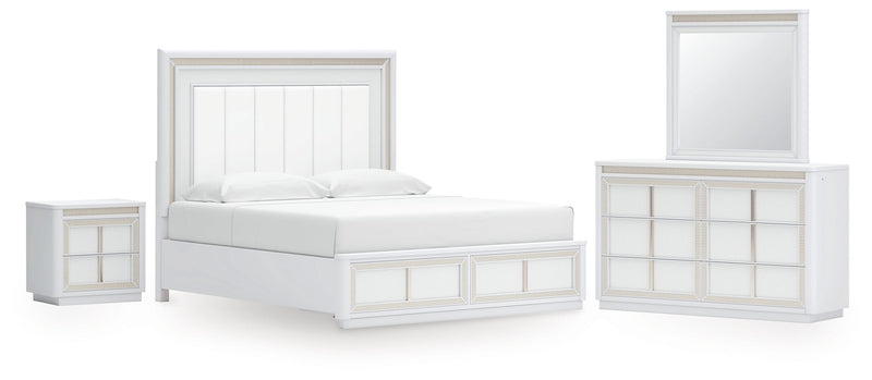 Chalanna King Upholstered Storage Bed with Mirrored Dresser and Nightstand in White from Ashley - Lara Furniture