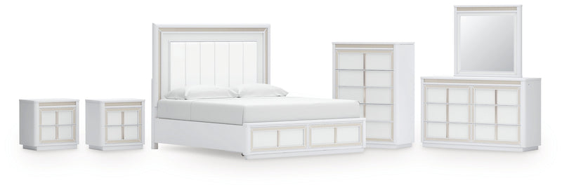 Chalanna King Upholstered Storage Bed with Mirrored Dresser, Chest and 2 Nightstands in White from Ashley - Lara Furniture