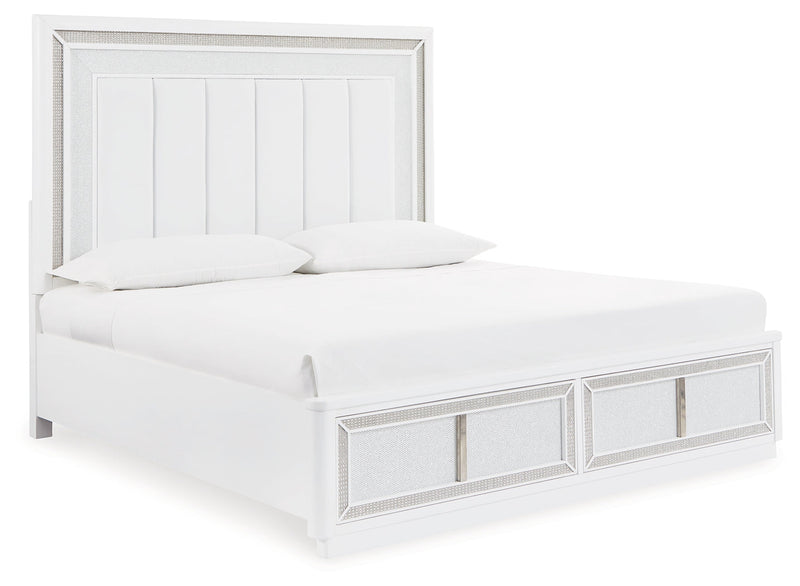 Chalanna King Upholstered Storage Bed with Mirrored Dresser, Chest and Nightstand in White from Ashley - Lara Furniture