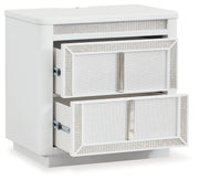 Chalanna King Upholstered Storage Bed with Mirrored Dresser, Chest and Nightstand in White from Ashley - Lara Furniture