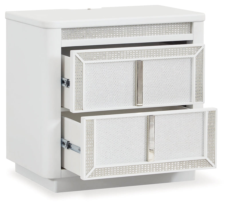 Chalanna King Upholstered Storage Bed with Mirrored Dresser, Chest and Nightstand in White from Ashley - Lara Furniture