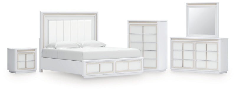 Chalanna King Upholstered Storage Bed with Mirrored Dresser, Chest and Nightstand in White from Ashley - Lara Furniture