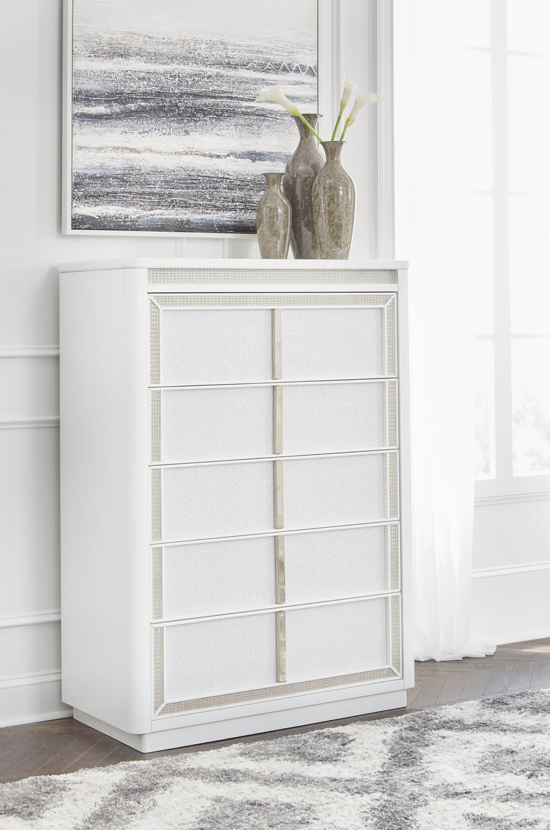 Chalanna King Upholstered Storage Bed with Mirrored Dresser, Chest and Nightstand in White from Ashley - Lara Furniture