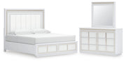 Chalanna King Upholstered Storage Bed with Mirrored Dresser in White from Ashley - Lara Furniture