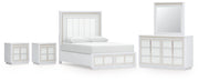 Chalanna Queen Upholstered Storage Bed with Mirrored Dresser and 2 Nightstand in White from Ashley - Lara Furniture