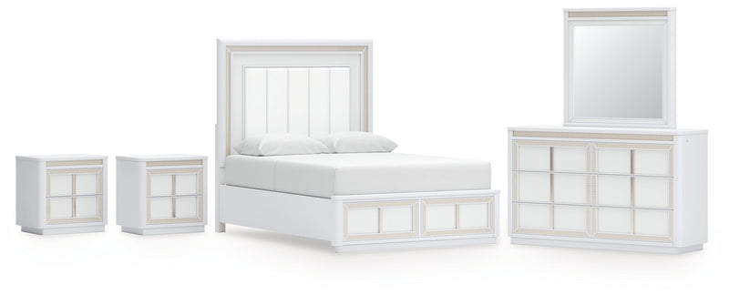 Chalanna Queen Upholstered Storage Bed with Mirrored Dresser and 2 Nightstand in White from Ashley - Lara Furniture