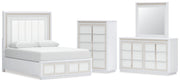 Chalanna Queen Upholstered Storage Bed with Mirrored Dresser and Chest in White from Ashley - Lara Furniture