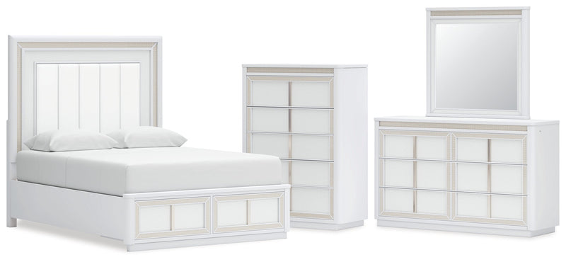 Chalanna Queen Upholstered Storage Bed with Mirrored Dresser and Chest in White from Ashley - Lara Furniture