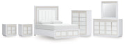Chalanna Queen Upholstered Storage Bed with Mirrored Dresser, Chest and 2 Nightstands in White from Ashley - Lara Furniture