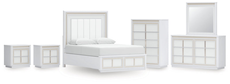 Chalanna Queen Upholstered Storage Bed with Mirrored Dresser, Chest and 2 Nightstands in White from Ashley - Lara Furniture