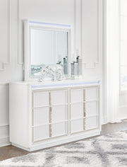 Chalanna Queen Upholstered Storage Bed with Mirrored Dresser, Chest and 2 Nightstands in White from Ashley - Lara Furniture
