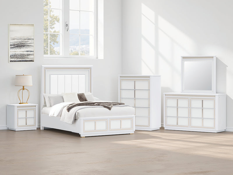 Chalanna Queen Upholstered Storage Bed with Mirrored Dresser, Chest and 2 Nightstands in White from Ashley - Lara Furniture