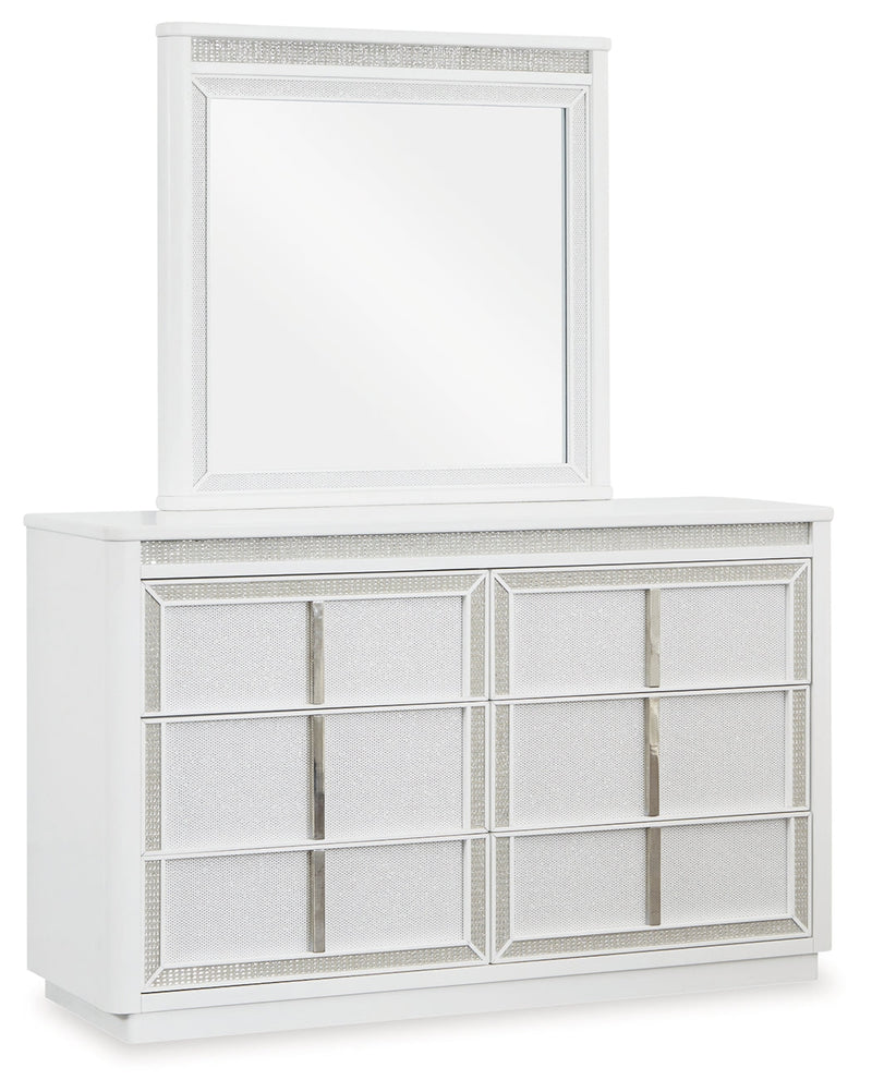 Chalanna Queen Upholstered Storage Bed with Mirrored Dresser, Chest and Nightstand in White from Ashley - Lara Furniture