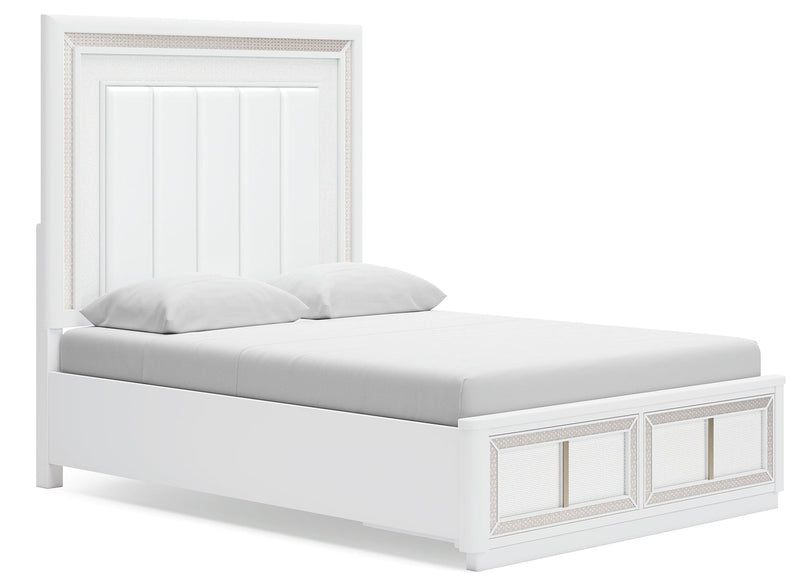 Chalanna Queen Upholstered Storage Bed with Mirrored Dresser, Chest and Nightstand in White from Ashley - Lara Furniture