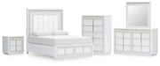 Chalanna Queen Upholstered Storage Bed with Mirrored Dresser, Chest and Nightstand in White from Ashley - Lara Furniture