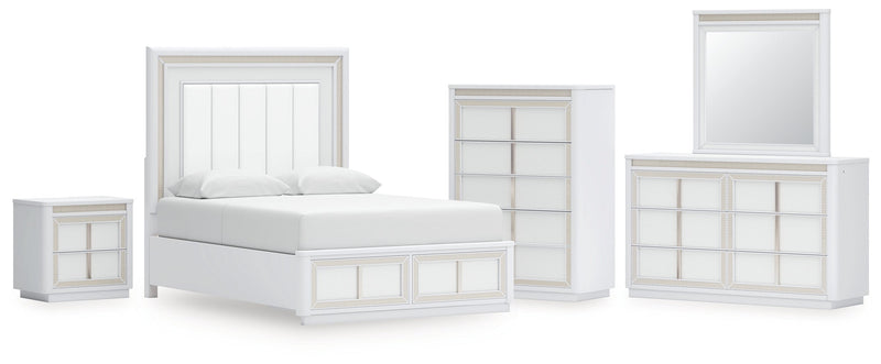 Chalanna Queen Upholstered Storage Bed with Mirrored Dresser, Chest and Nightstand in White from Ashley - Lara Furniture
