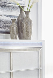 Chalanna Queen Upholstered Storage Bed with Mirrored Dresser, Chest and Nightstand in White from Ashley - Lara Furniture