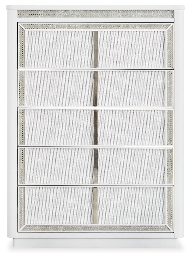 Chalanna Queen Upholstered Storage Bed with Mirrored Dresser, Chest and Nightstand in White from Ashley - Lara Furniture