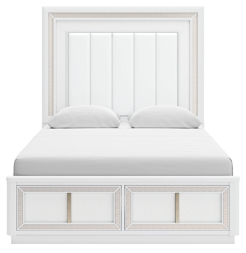 Chalanna Queen Upholstered Storage Bed with Mirrored Dresser, Chest and Nightstand in White from Ashley - Lara Furniture
