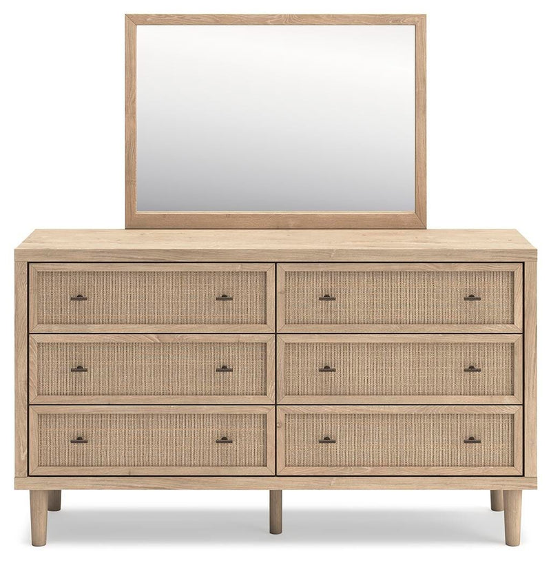 Cielden Queen Upholstered Bed with Roll Slats, Dresser, Mirror, Chest and Nightstand in Soft Gray - PKG022908