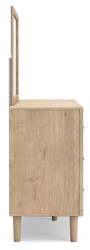 Cielden Queen Upholstered Bed with Roll Slats, Dresser, Mirror, Chest and Nightstand in Soft Gray - PKG022908