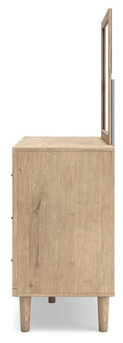Cielden Queen Upholstered Bed with Roll Slats, Dresser, Mirror, Chest and Nightstand in Soft Gray - PKG022908