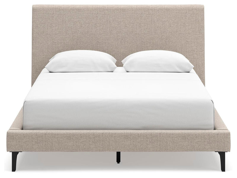 Cielden Queen Upholstered Bed with Roll Slats, Dresser, Mirror, Chest and Nightstand in Soft Gray - PKG022908