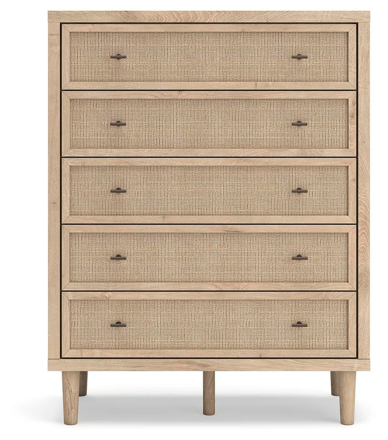 Cielden Queen Upholstered Bed with Roll Slats, Dresser, Mirror, Chest and Nightstand in Soft Gray - PKG022908