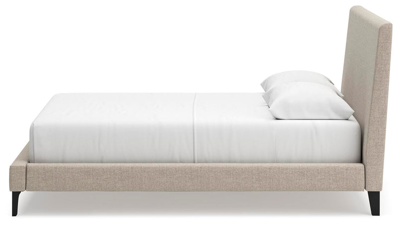 Cielden Queen Upholstered Bed with Roll Slats, Dresser, Mirror, Chest and Nightstand in Soft Gray - PKG022908