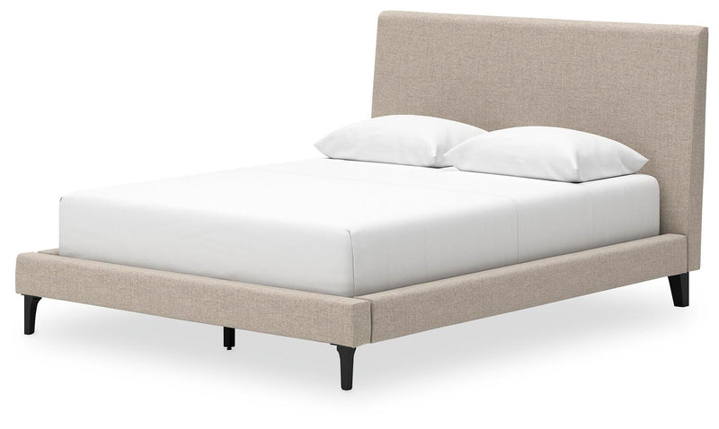 Cielden Queen Upholstered Bed with Roll Slats, Dresser, Mirror, Chest and Nightstand in Soft Gray - PKG022908