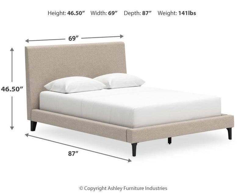 Cielden Queen Upholstered Bed with Roll Slats, Dresser, Mirror, Chest and Nightstand in Soft Gray - PKG022908
