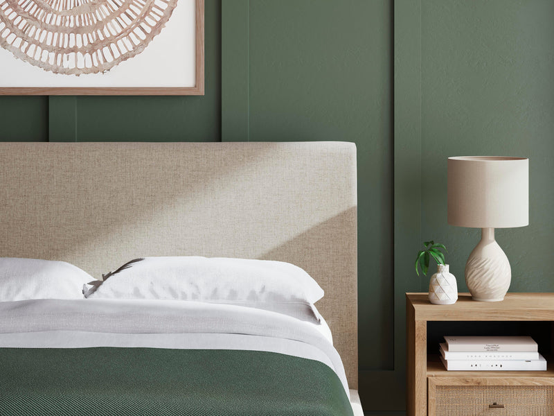 Cielden Queen Upholstered Bed with Roll Slats, Dresser, Mirror, Chest and Nightstand in Soft Gray - PKG022908