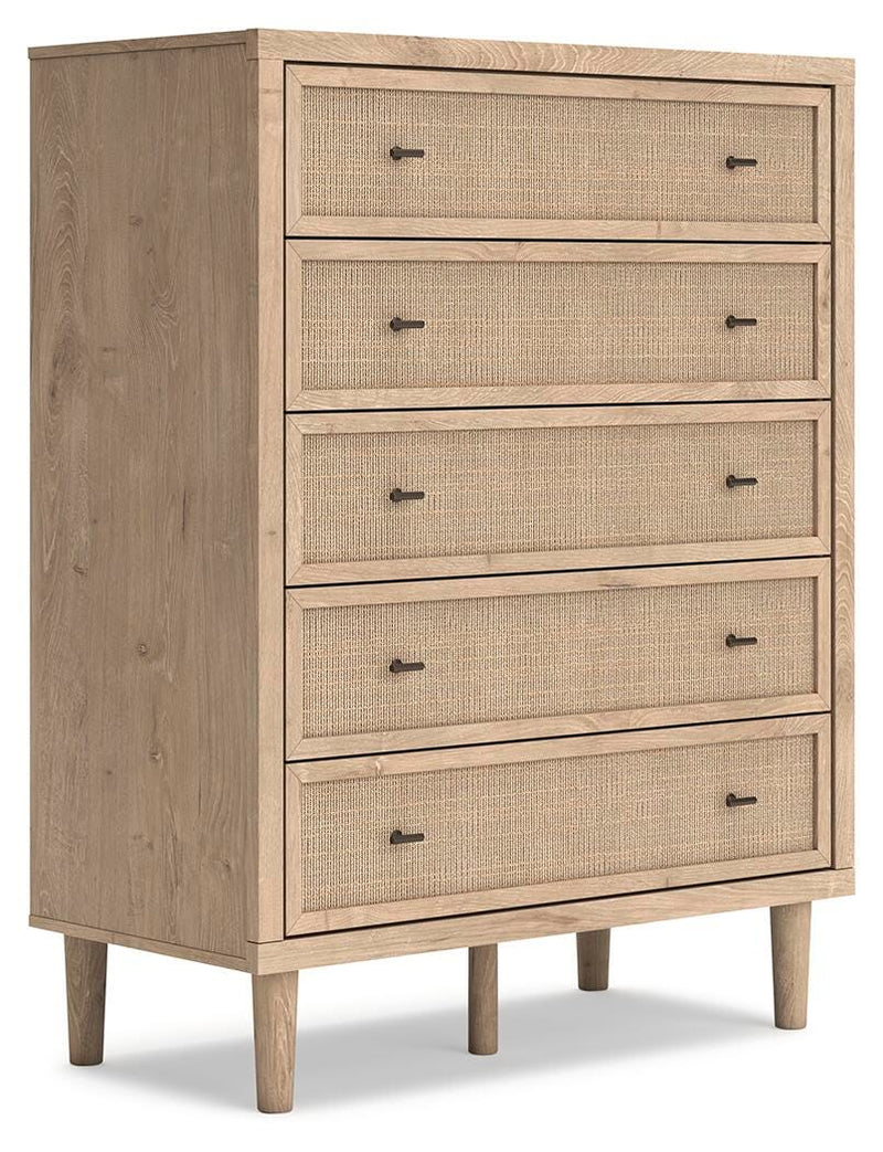 Cielden Queen Upholstered Bed with Roll Slats, Dresser, Mirror, Chest and Nightstand in Soft Gray - PKG022908