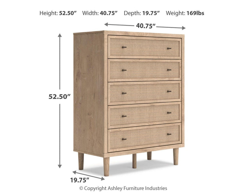 Cielden Queen Upholstered Bed with Roll Slats, Dresser, Mirror, Chest and Nightstand in Soft Gray - PKG022908