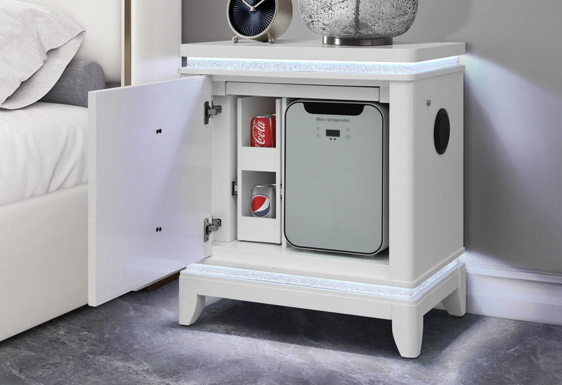 Alina White Nightstand With Cooler, Led, Speaker And Usb - ALINA-WHITE-NS W/ COOLER LED SPKR USB-N